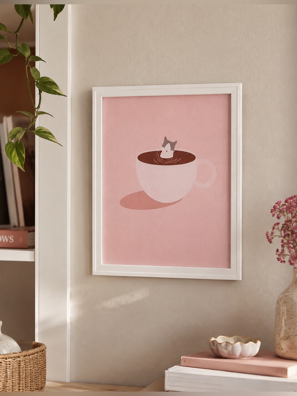 Cat in a Coffee Mug Kitty Pink Canvas Art Print White Framed Wall Art Cutesy